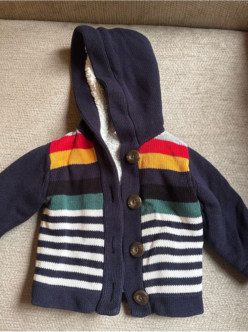 Hanna Andersson Navy Hooded Knit Cardigan with Multi-Color Stripes